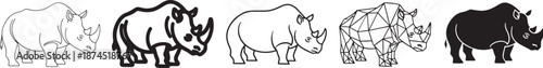 A collection of five different rhinoceros icon designs illustrating various artistic styles Vector