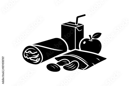 School lunch pack: wrap, juice box, apple and almonds in silhouette style