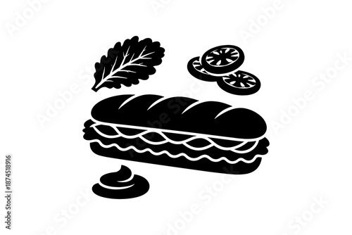 Delicious black and white silhouette of a sandwich with lettuce and tomato garnish