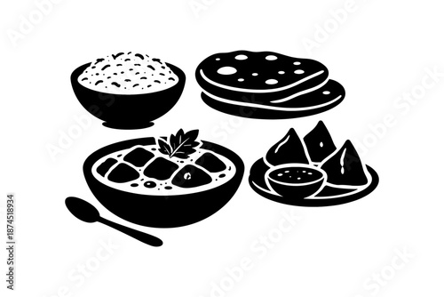 Traditional indian cuisine icons: rice, bread, curry, and samosas in black and white silhouette