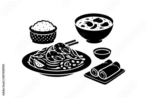 Vietnamese cuisine: silhouette noodle dish with rice, soup, and spring rolls