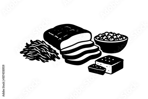 Monochrome bread and tofu composition with rice and seaweed