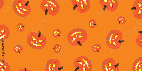 Halloween Jack-o-lanterns pattern on orange background.