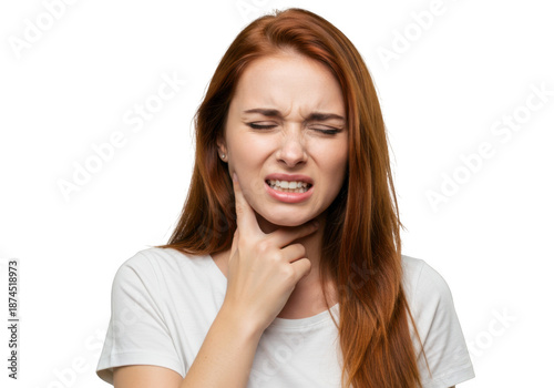Young woman with long reddish-brown hair experiencing throat discomfort and pain holding her neck transparent background
