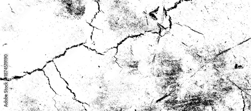 A dynamic black and white texture combines prominent cracks with dense, gritty grunge, depicting severe surface deterioration. vector