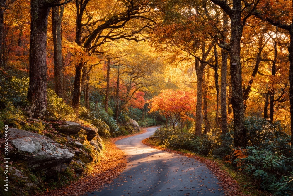 Fototapeta premium Winding road through trees with autumn leaves in a forest during late afternoon