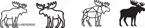 A collection of different style moose icons, including line art, geometric, and silhouette, with a location pin Vector