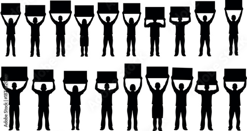 Silhouette Crowd of People Holding Blank Signs and Protest Posters for Message Communication Activism and Social Justice Demonstration in Vector Art