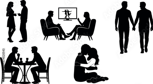 Silhouettes of Diverse Couples Dating, Walking, Dining, and Relaxing at Home Representing Romantic Relationships, Love, Connection, and Modern Lifestyle Scenes