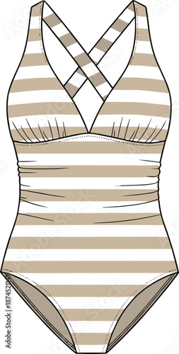One piece swimsuit, halter neck, crisscross straps, striped design, ruched texture, beachwear fashion, summer outfit, swimwear vector illustration