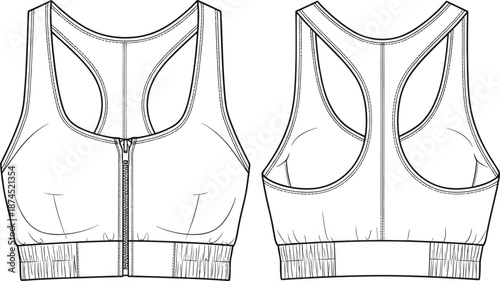 Sports bra technical sketch, front and back view, zipper closure, racerback design, elastic waistband, fashion flat, vector template