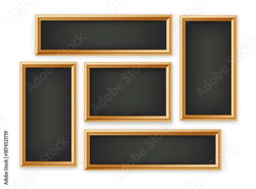 Signboards in a wooden frame hanging . Restaurant menu board. School vector chalkboard, writing surface for text or drawing. Blank advertising or presentation boards. Vector.