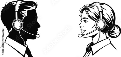 Customer service representative silhouette set, call center operator with headset, telemarketing support agents vector illustration