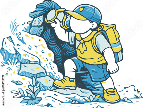 Boy Scout Examining Rock Cave Exploration Discovery