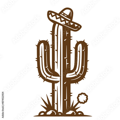 Brown cactus wearing a sombrero on white background  a prickly plant with a mexican hat
