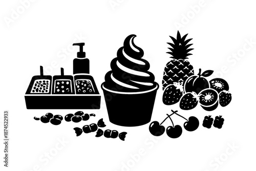 Black and white frozen yogurt silhouette with fruits and toppings