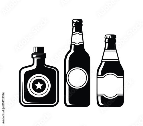 Alcohol bottles in silhouette, Ink Beer Bottles Set, Three different shaped bottles design, Vector illustration