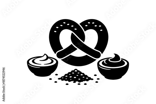 Silhouette pretzel with dips and salt icon on white background