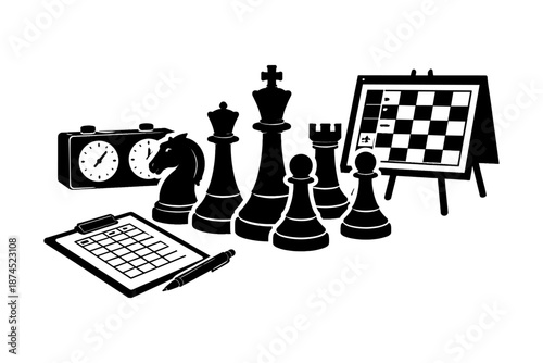 Silhouette chess game elements with clock, board, and strategy plan