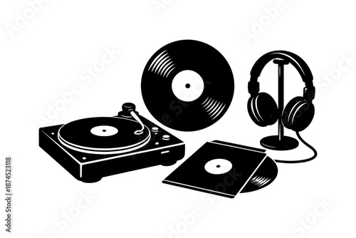 Vintage music set with vinyl, turntable, and headphones in black and white silhouette style