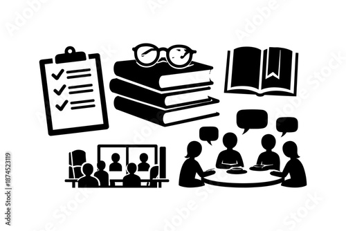 Educational icons: silhouette art of learning and communication tools