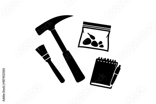 Archaeology tools silhouette: hammer, brush, artifact bag, notebook for excavation enthusiasts