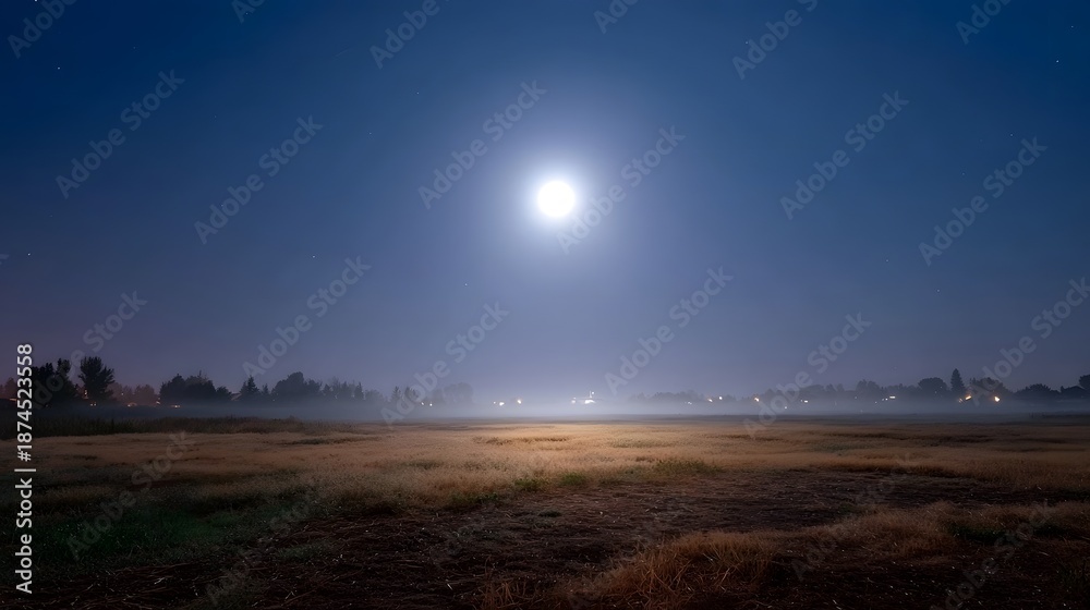 Fototapeta premium A bright full moon illuminates a misty landscape at night casting a serene glow over a dry field and distant lights