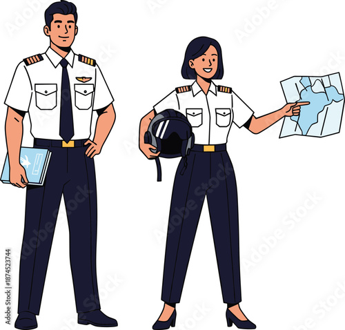Male and female pilots standing together in uniform, holding map and documents, aviation teamwork, professional crew, airline staff, travel industry illustration