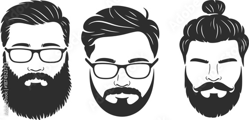 Bearded men faces with glasses and man bun hairstyles, hipster barber shop vector set,