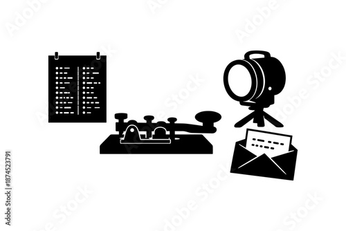 Retro communication and technology icons: morse code, light, and message