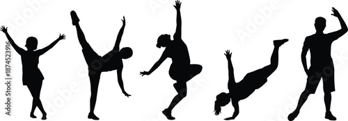 Dance silhouette, gymnastic pose, human movement, black vector, flexibility action, dynamic posture, performance art, body balance, expressive motion, physical activity