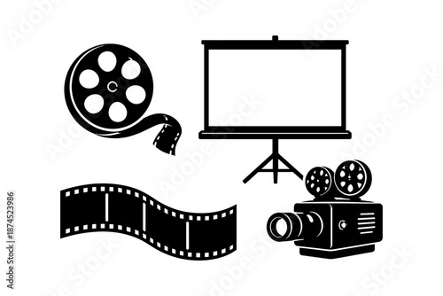 Vintage cinema icons: film reel, projector, and screen silhouettes