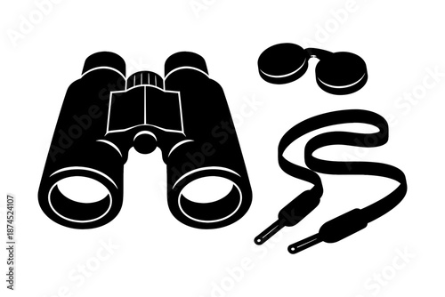 Black silhouette of binoculars with strap and lens covers on white background