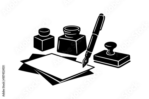 Elegant silhouette of writing tools with ink bottles and fountain pen on white background
