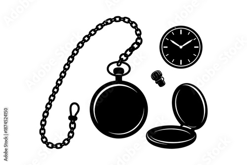 Vintage pocket watch set with chain and gears in classic silhouette design