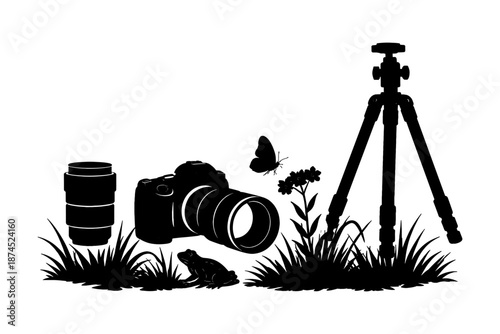 Nature photography silhouette: camera, tripod, butterfly, and wildlife elements