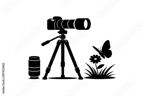 Silhouette of camera on tripod with butterfly and flower in nature scene