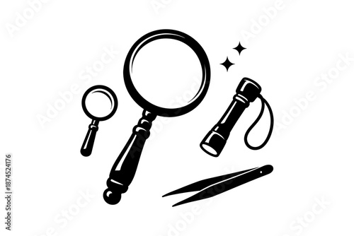 Detective tools silhouette: magnifying glass, flashlight, tweezers for mystery solving design