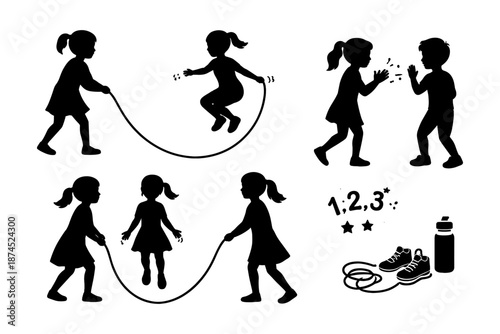 Silhouette of children playing with jump ropes and clapping games