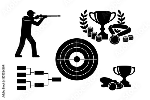 Shooting competition icons set with silhouette style trophies and targets