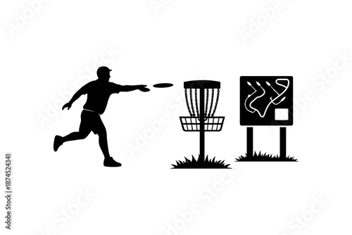 Disc golf silhouette: player, basket, and course map in action