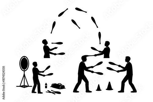 Silhouette of juggling performance with clubs and props
