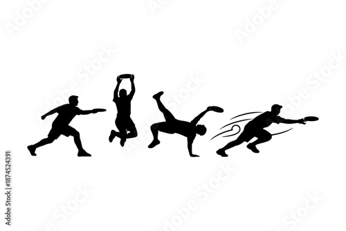 Dynamic silhouette of ultimate frisbee players in action poses