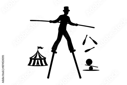 Silhouette of circus performer walking on stilts with juggling clubs and tent