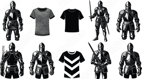 Medieval knight armor, modern t-shirt fashion, historical costume contrast, vintage warrior design, casual clothing styles, silhouette collection, fashion evolution concept
