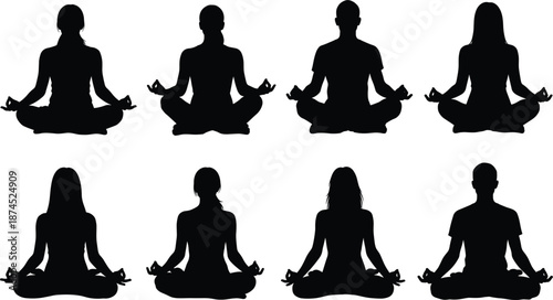 Meditation silhouettes, yoga pose, mindfulness practice, spiritual calm, wellness icon, peaceful posture, inner peace, zen art, vector illustration, black figures