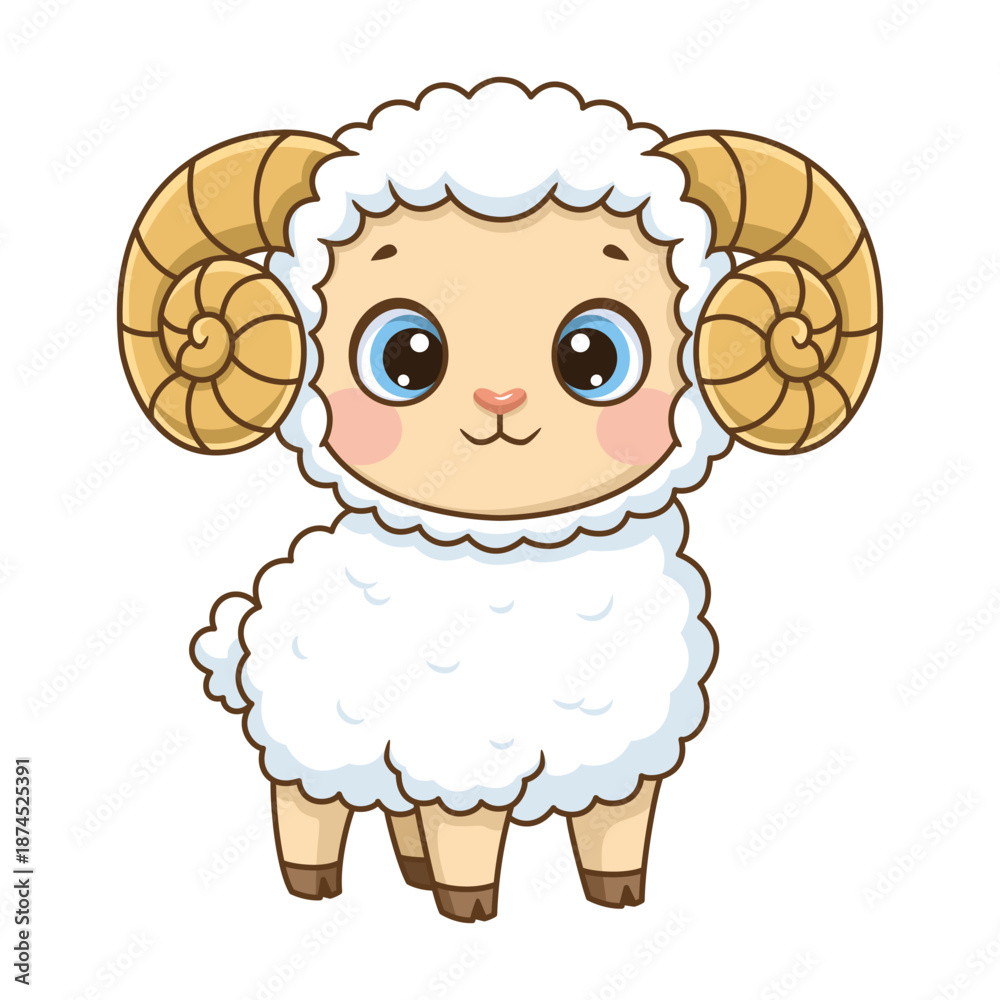 Obraz premium Cute baby ram cartoon character with big horns