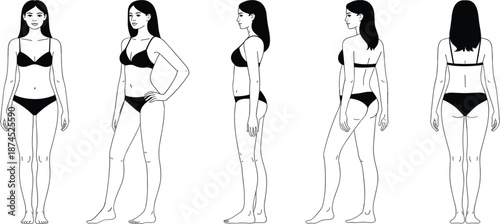 Female body figure sketches in different poses for fashion design, lingerie model vector silhouette line art