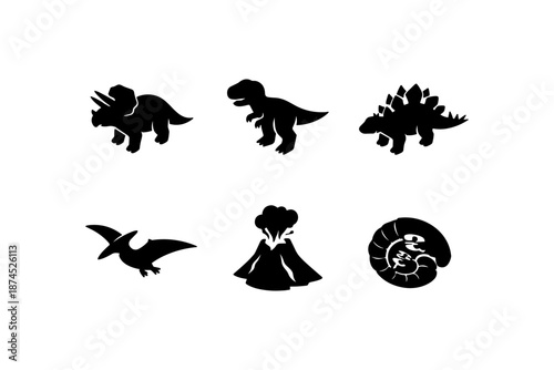 Dinosaur silhouettes with volcano and fossil on white background