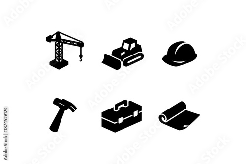 Construction icons set: silhouette of tools, vehicles, and equipment